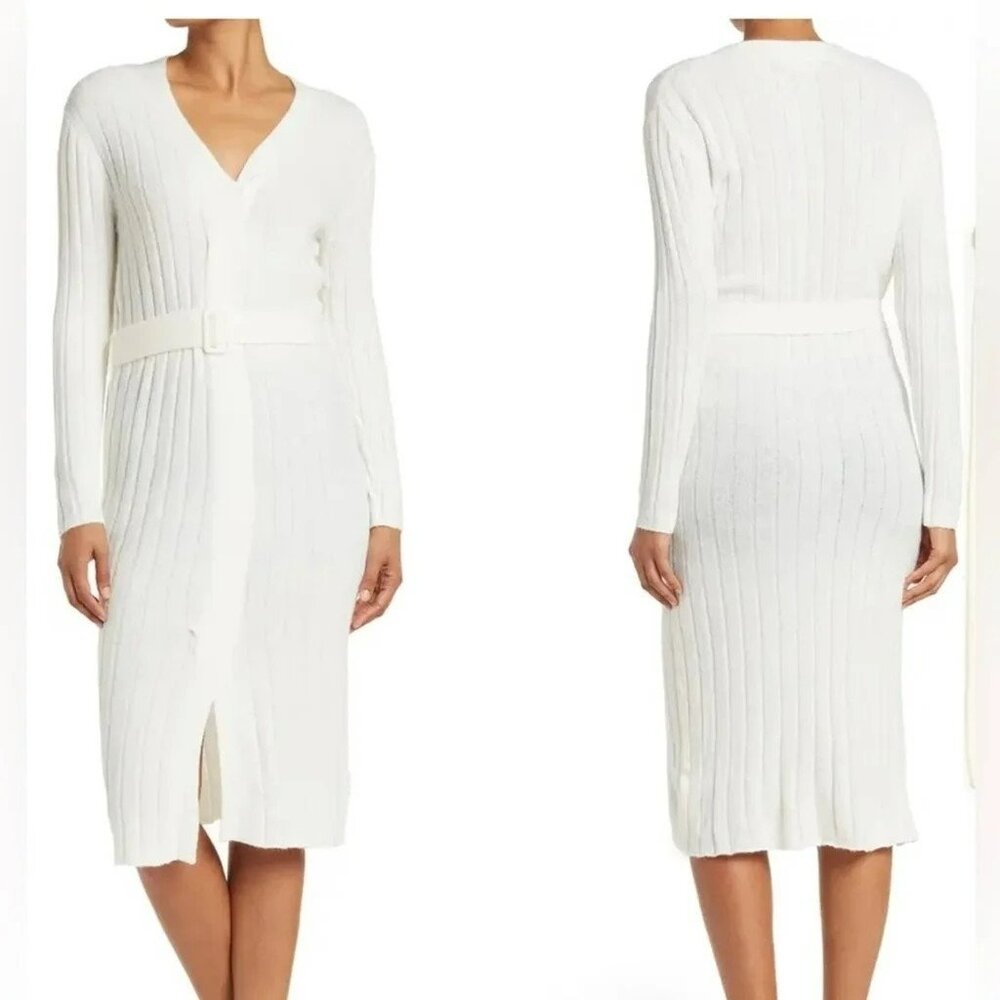Stitchdrop Belted Pullover Midi Sweater Dress Tied To You Cloud Ivory Sz M NEW
